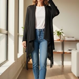 Chico's Black Fringe Open Cardigan